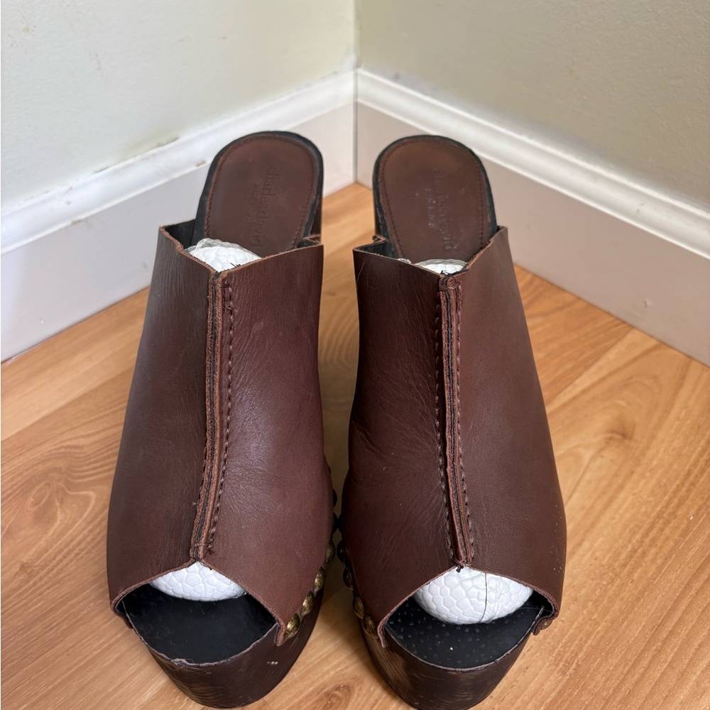 Charles David Brown Leather Platform Clogs with Studs - Picture 2 of 12